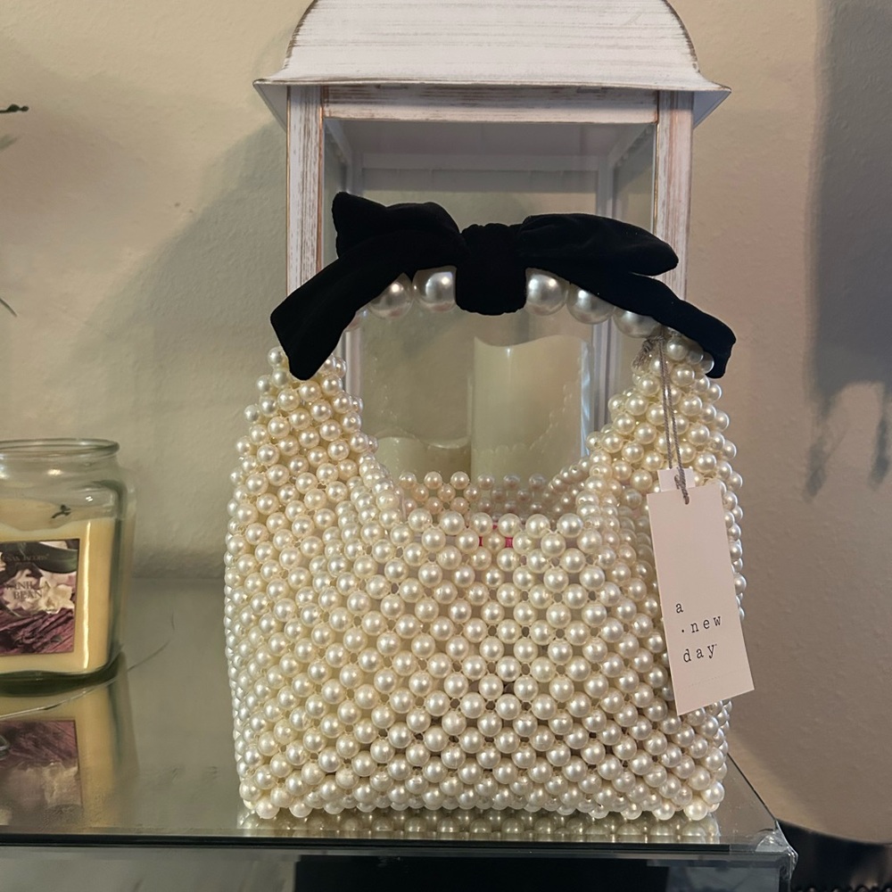 A New Day Pearl Beaded Mini Bag with Black Bow